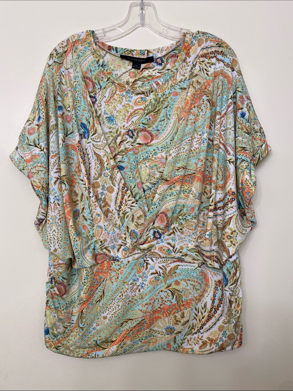 Paisley Print Dolman Blouse in Mint & Coral